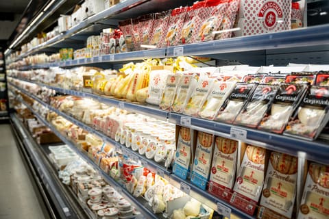 Kühlregal mit italienischem Käse, Mozzarella und Gorgonzola im Errante Supermercato